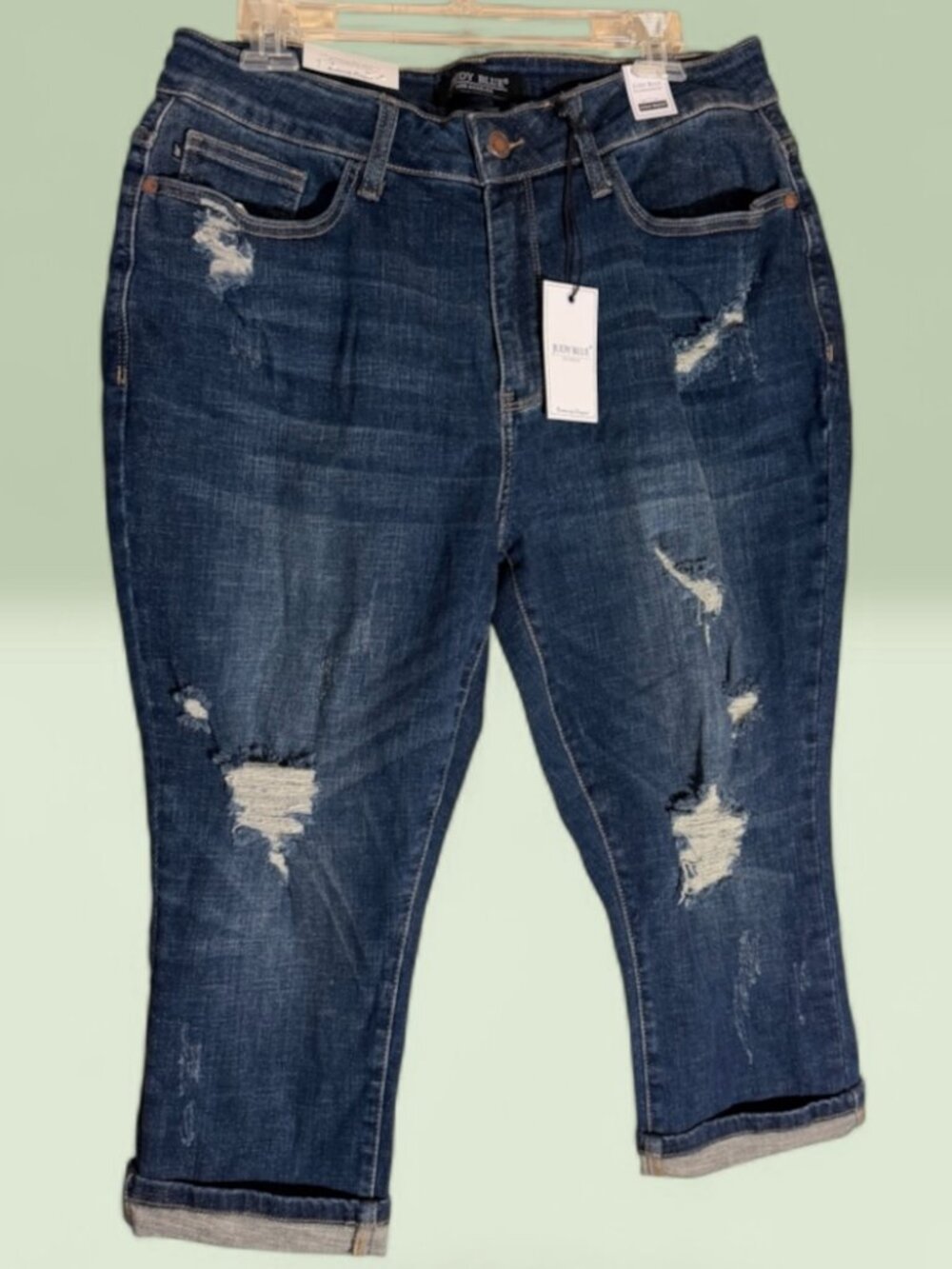 NWT Judy Blue Distressed Blue Dark Wash Denim Capri Jeans Sz 14W